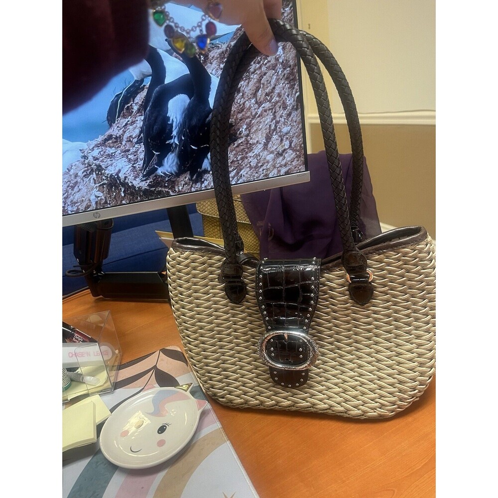 Brighton Croc Emboss Leather Woven Straw Shoulder Bag Handbag Studded Buckle